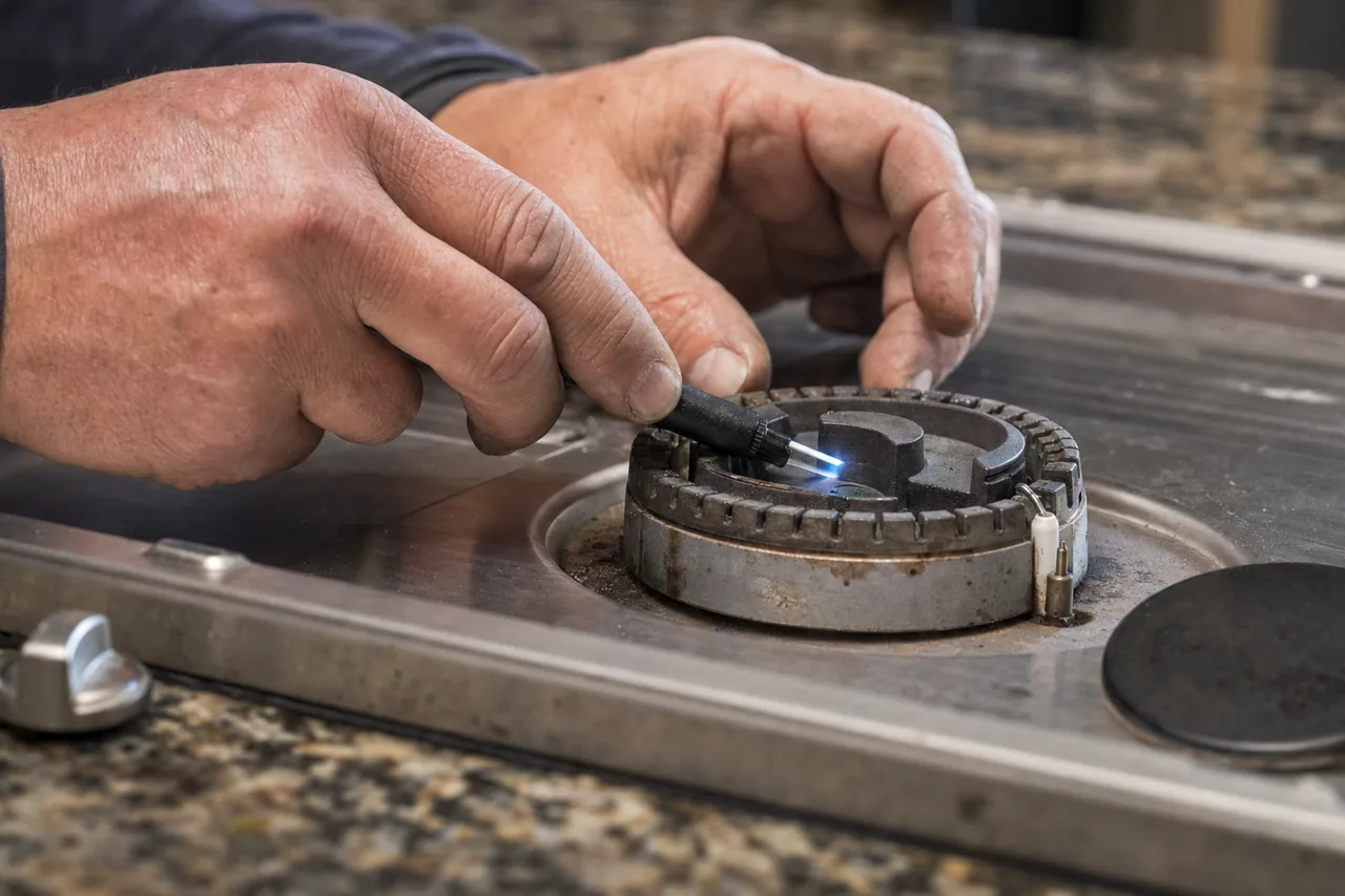 Technician adjusting a gas cooktop burner in a Great Neck kitchen