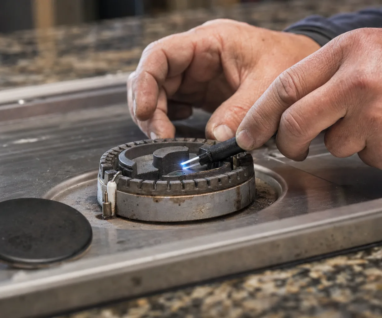 Technician adjusting a gas cooktop burner