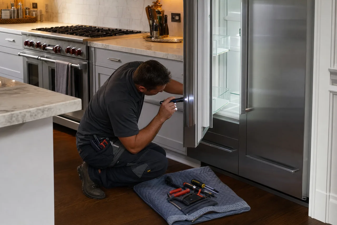 A Great Neck kitchen with a built-in Sub-Zero refrigerator and a Wolf range