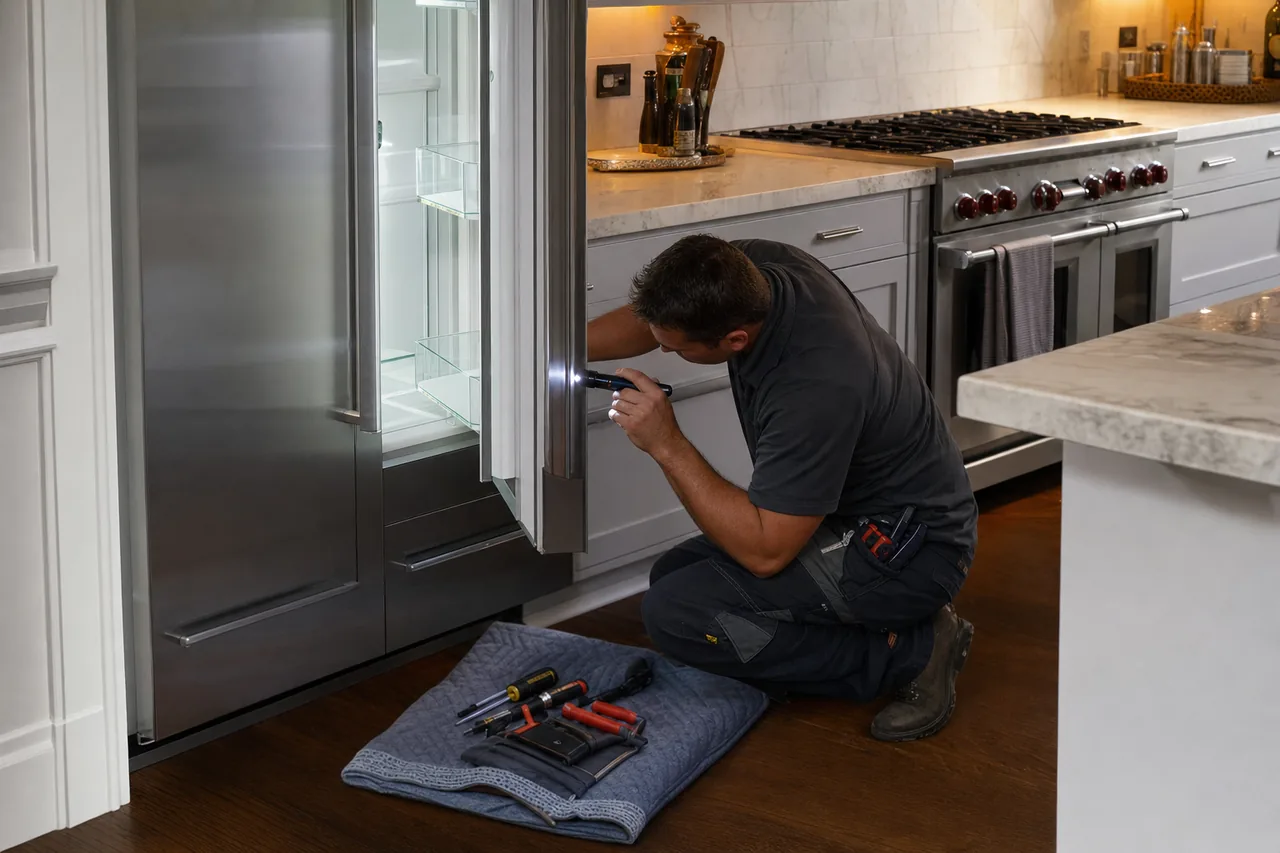 Technician repairing a built-in refrigerator up close