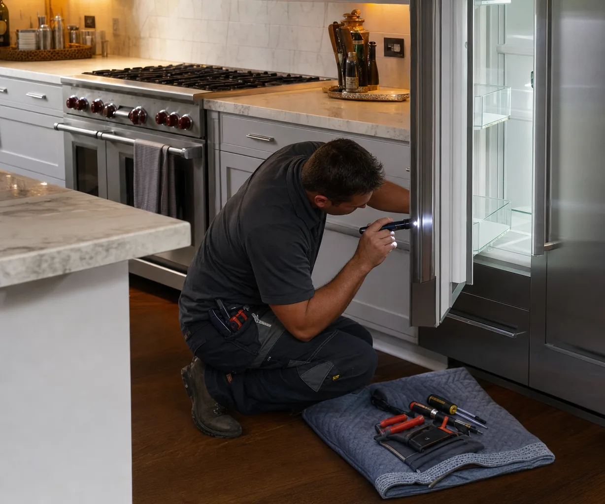 Technician repairing a built-in refrigerator up close
