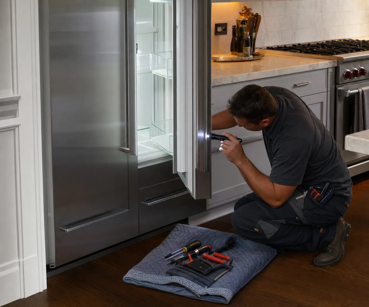 Technician repairing a built-in refrigerator up close