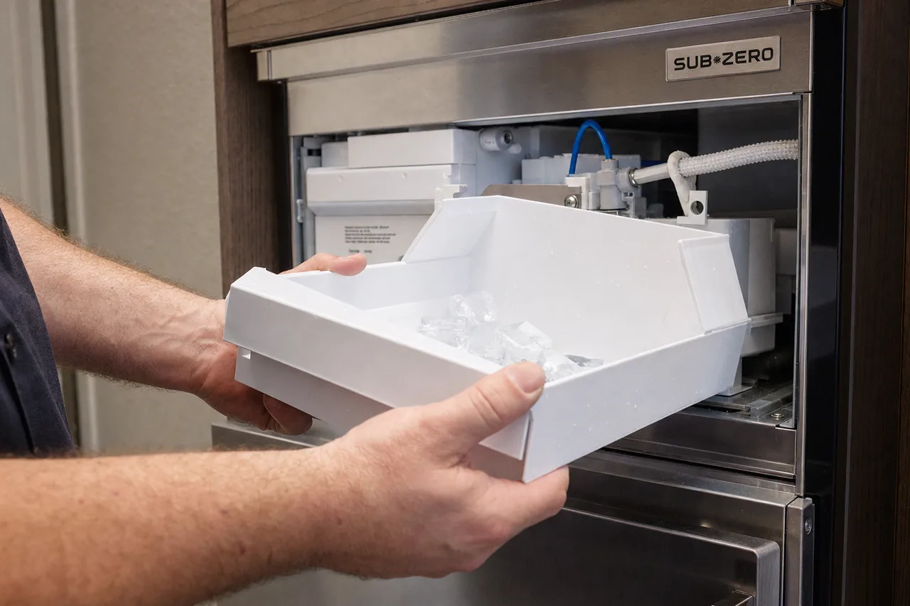 Technician servicing a built-in ice maker up close