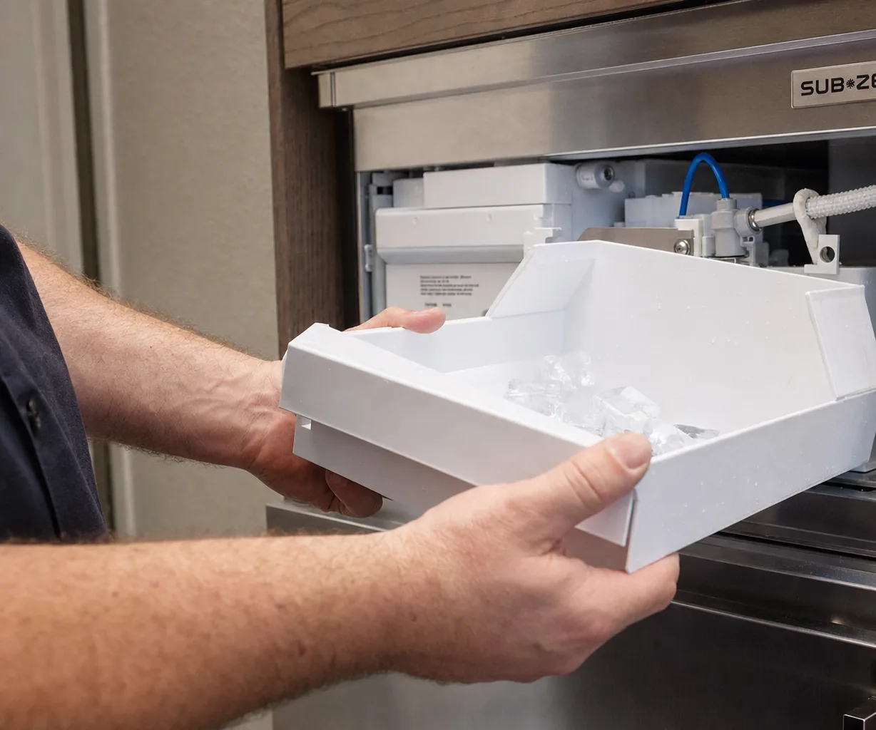 Technician servicing a built-in ice maker in a Great Neck kitchen