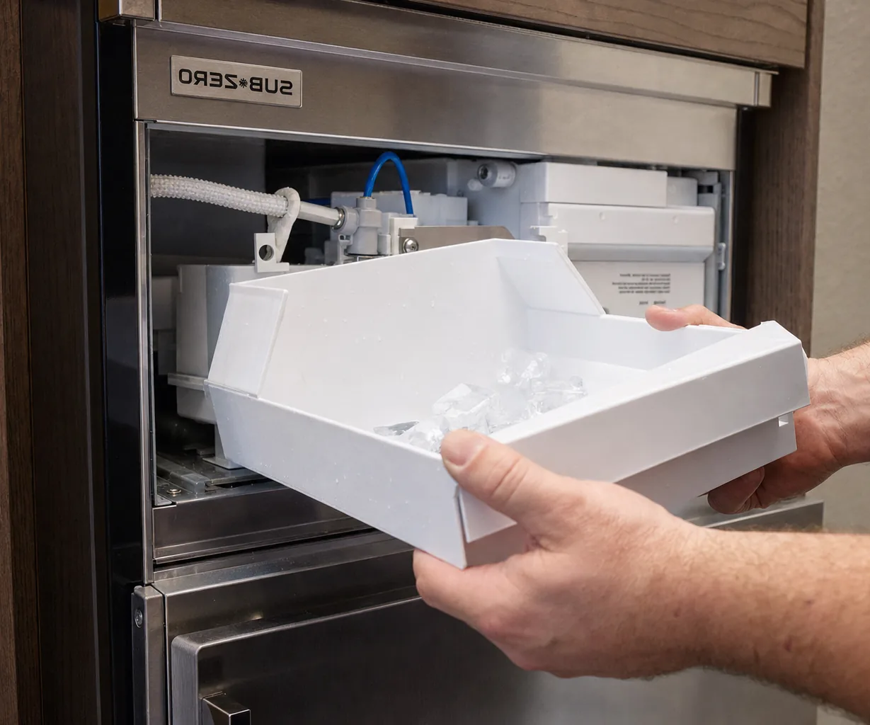 Technician servicing a built-in ice maker mid-repair