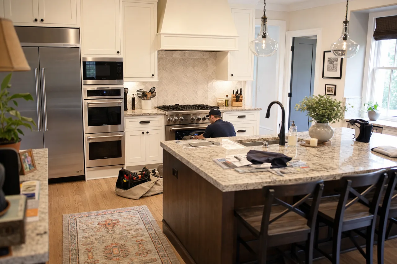 A luxury kitchen with built-in stainless appliances in a Great Neck kitchen