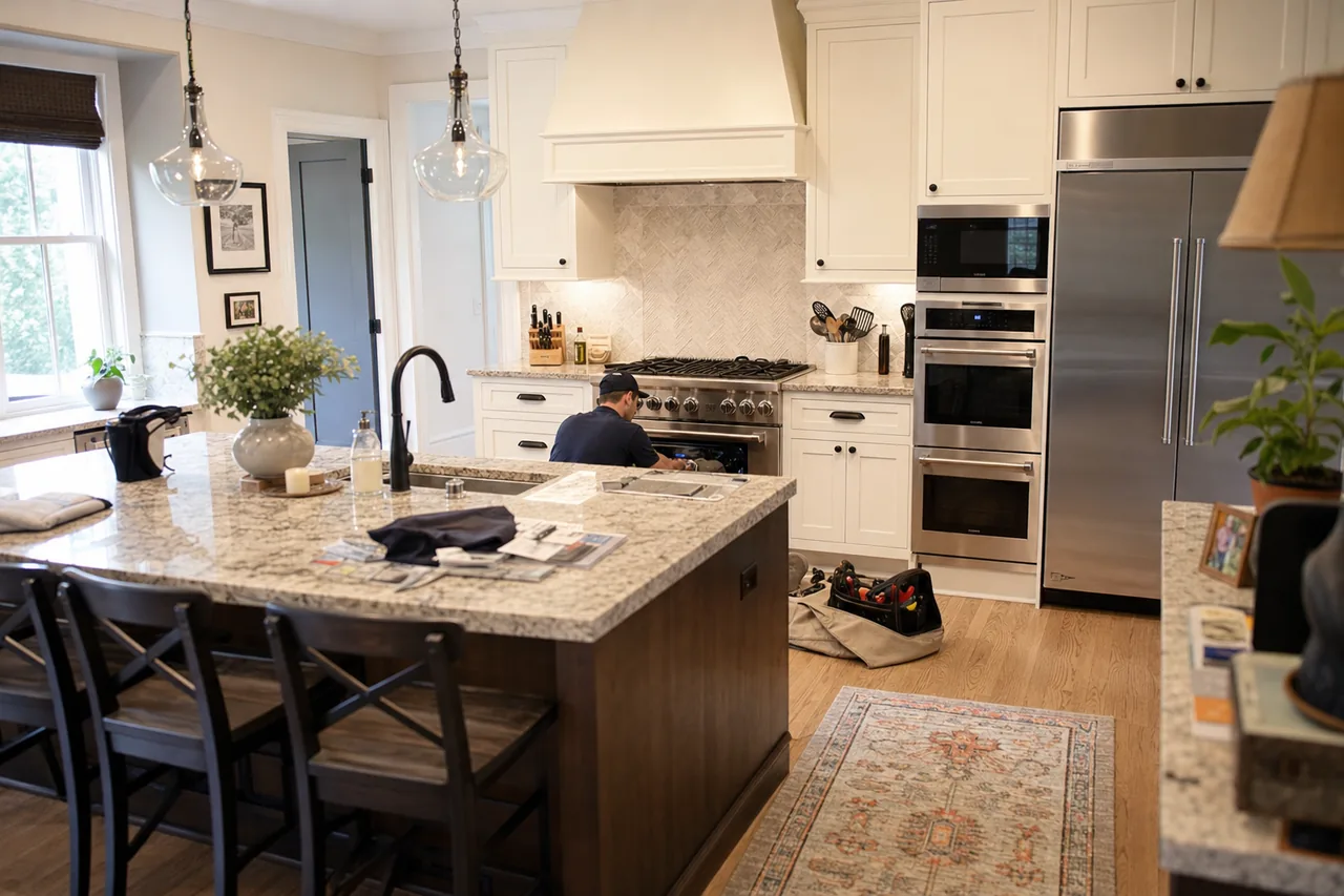 A luxury kitchen with built-in stainless appliances in a Great Neck kitchen
