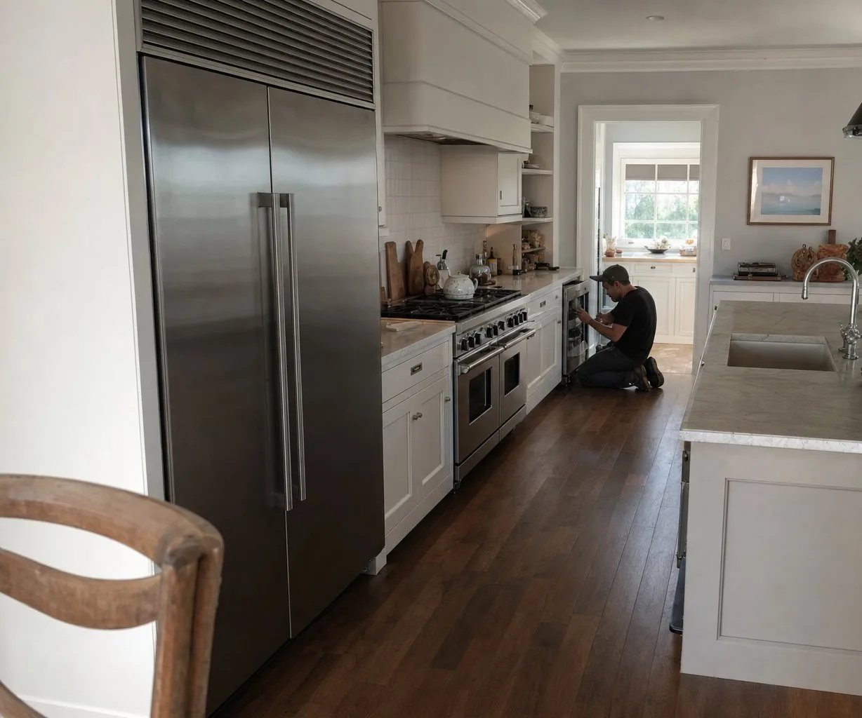 A luxury Great Neck kitchen with built-in Sub-Zero and Wolf appliances mid-repair