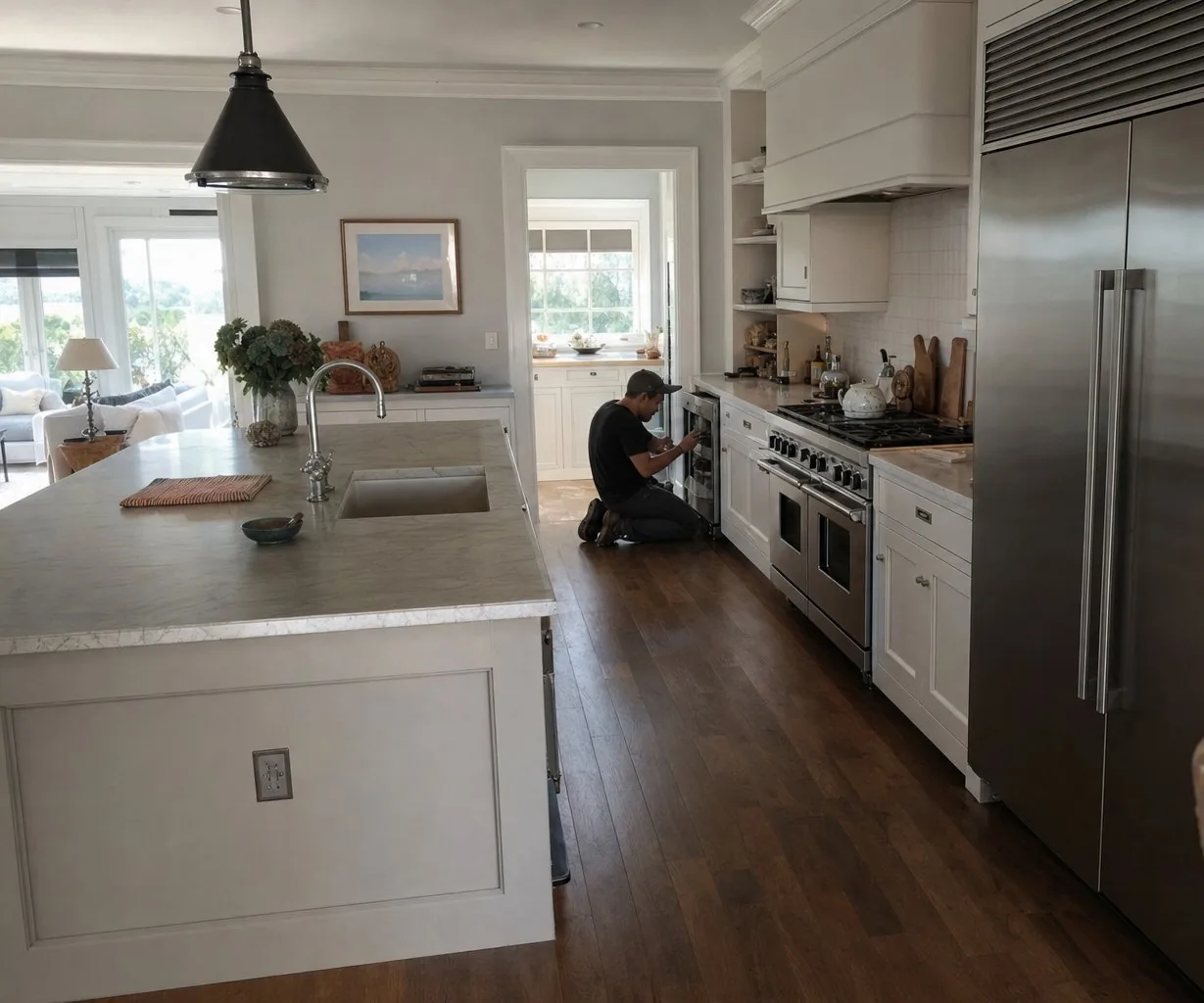 A luxury Great Neck kitchen with built-in Sub-Zero and Wolf appliances up close