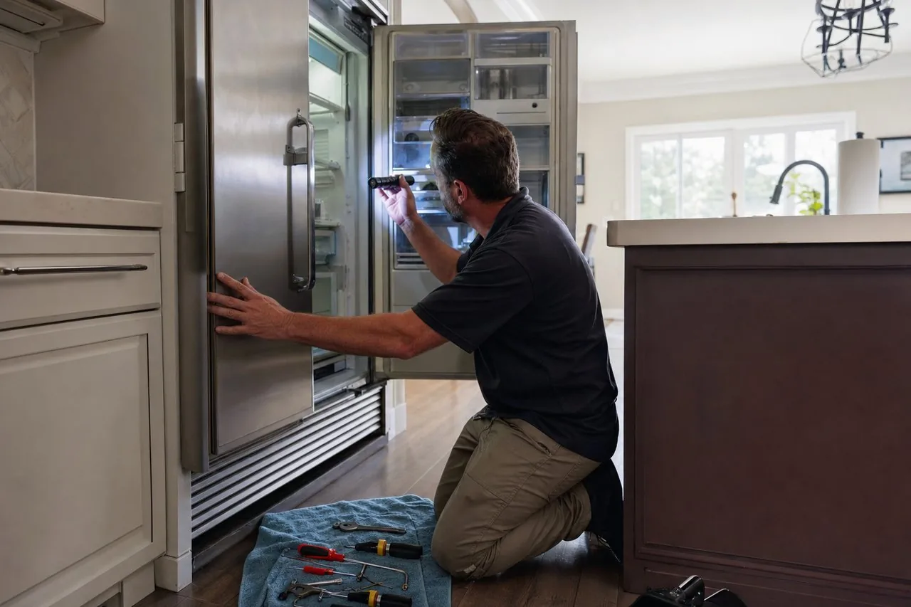 Technician repairing a built-in Sub-Zero refrigerator up close