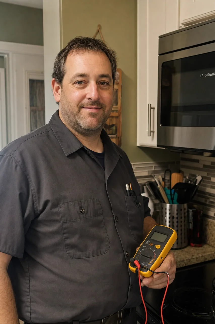 An appliance repair technician in a Great Neck kitchen holding a multimeter