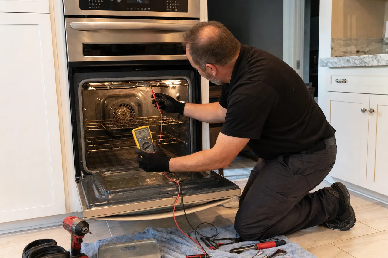 Technician servicing a built-in wall oven