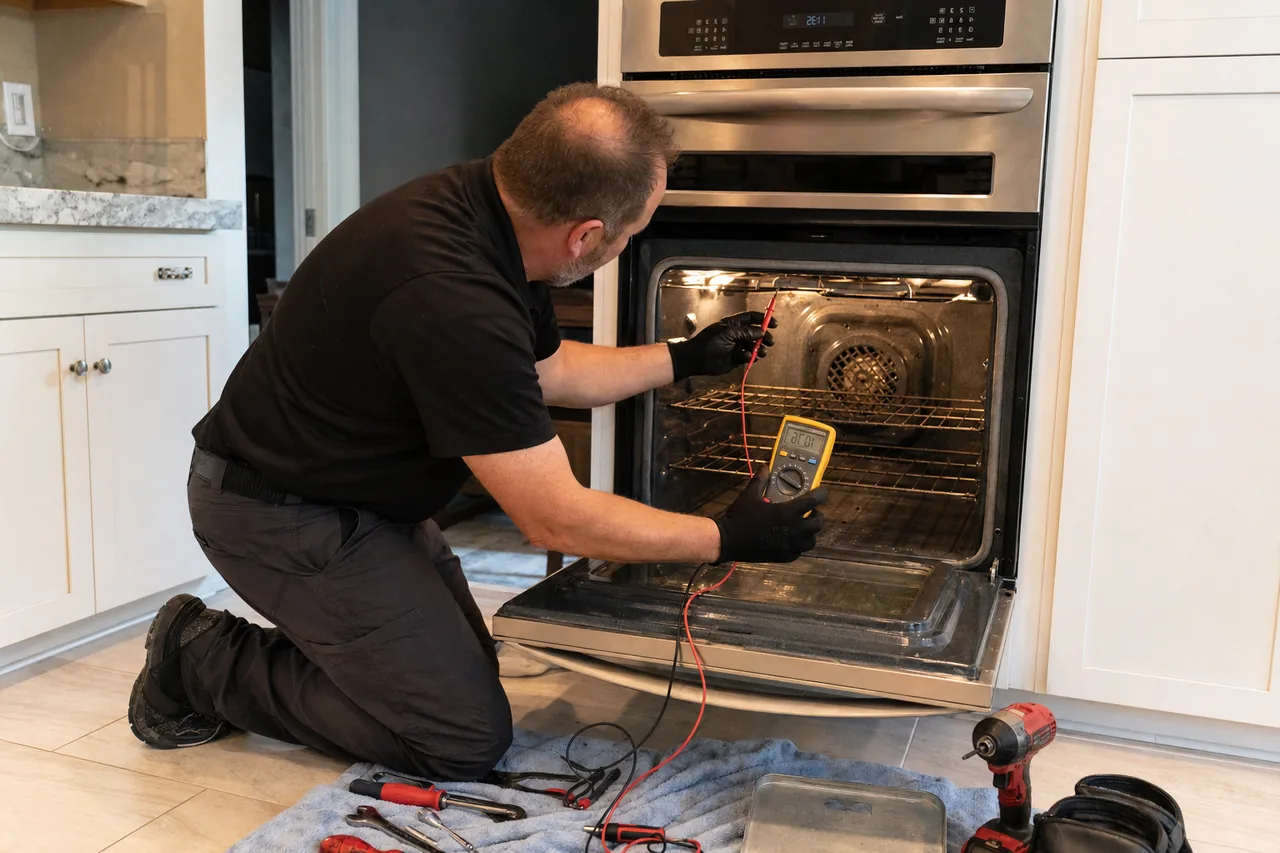Technician servicing a built-in wall oven in a Great Neck kitchen