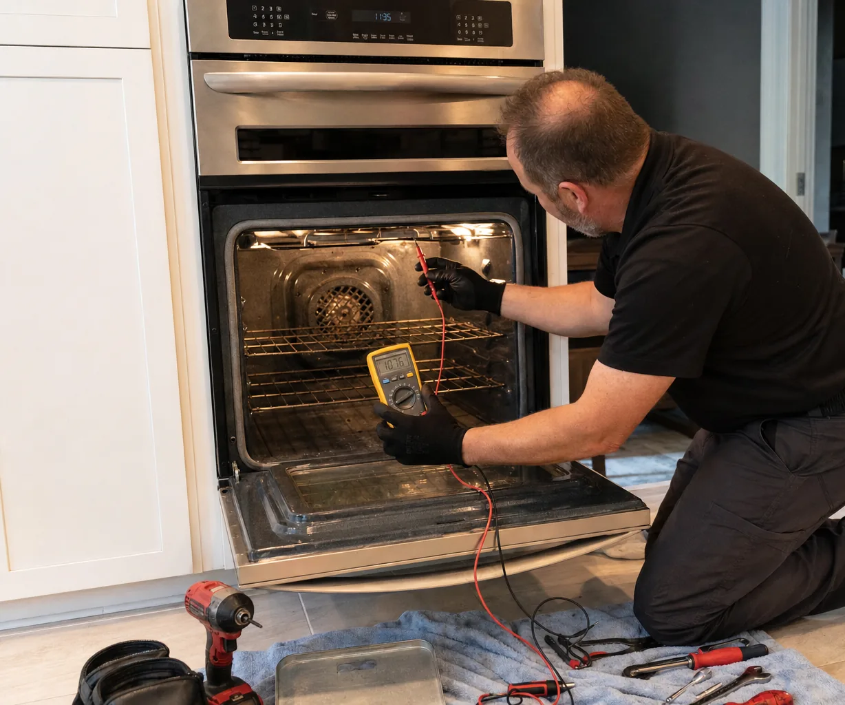 Technician servicing a built-in wall oven up close