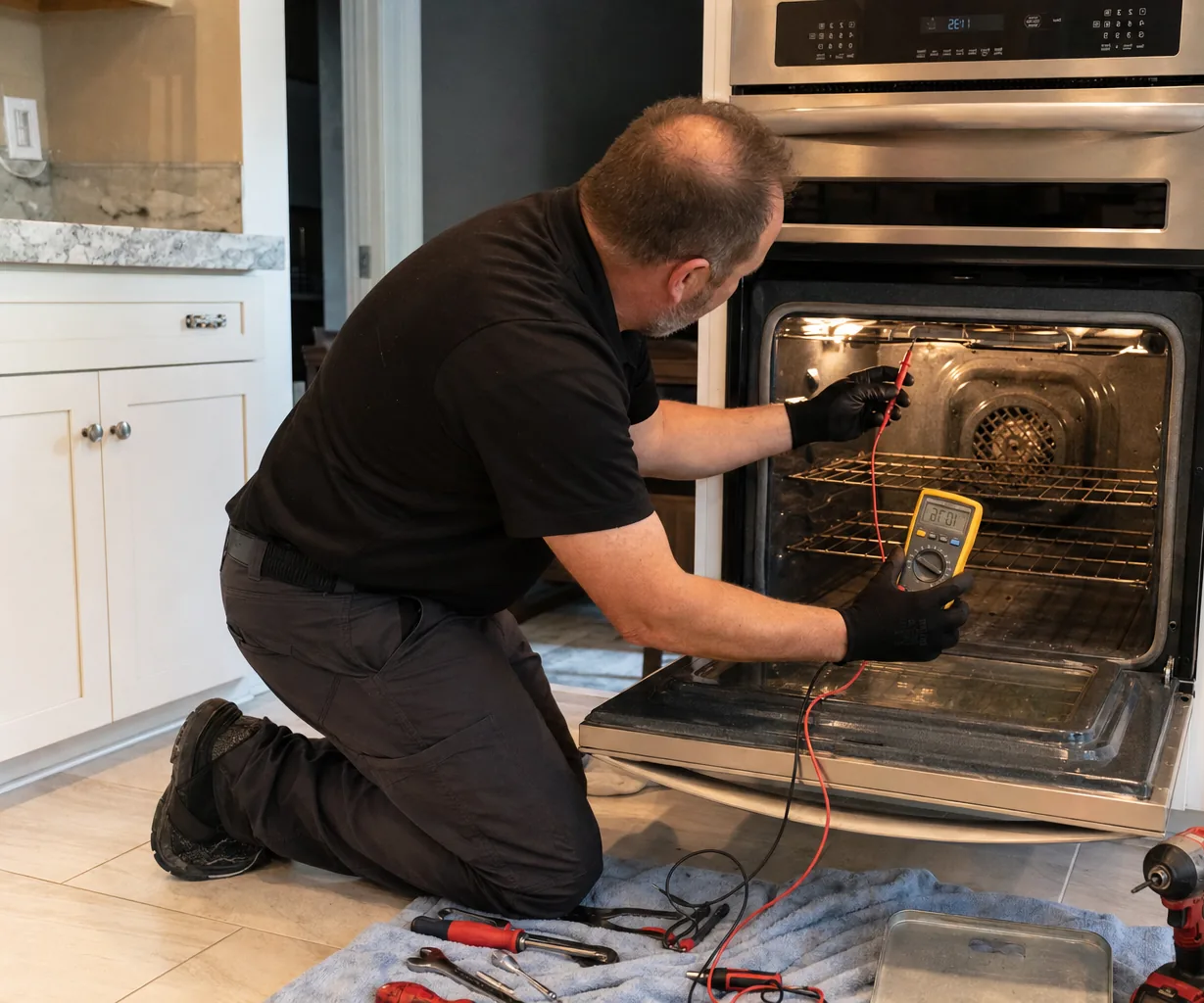 Technician servicing a built-in wall oven on a same-day visit